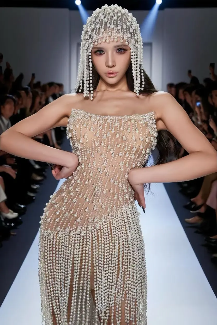 فستان Zhusanjiao أنيق بدون حمالات لؤلؤي مثير ومنظور شبكي وشرابة فستان أداء للحفلات الراقصة وأعياد الميلاد وحفلات الكوكتيل وأعياد الميلاد #5