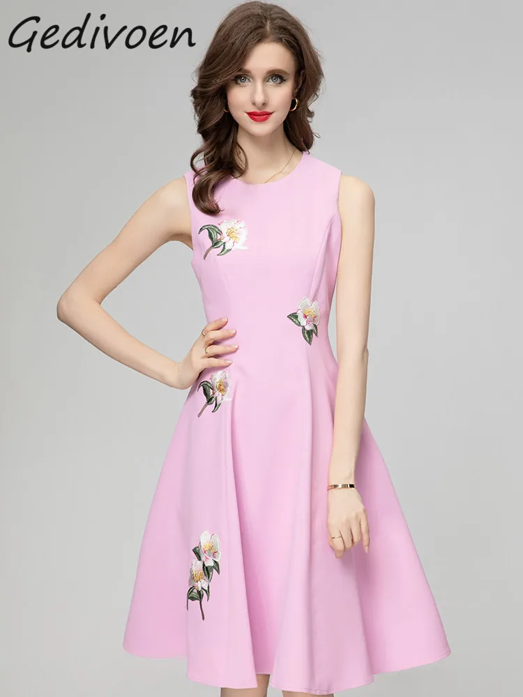 

Gedivoen Spring Fashion Designer Pink Vintage Vest Dress Women's O Neck Sleeveless Embroidery High Waist Slim A-LINE Midi Dress