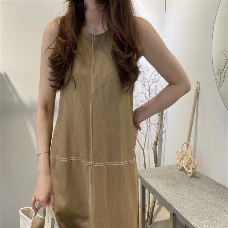 REALEFT Summer Cotton Linen Tank Long Dresses for Women 2025 New High Waist O-Neck Sleeveless Straight Korean Dresses Female