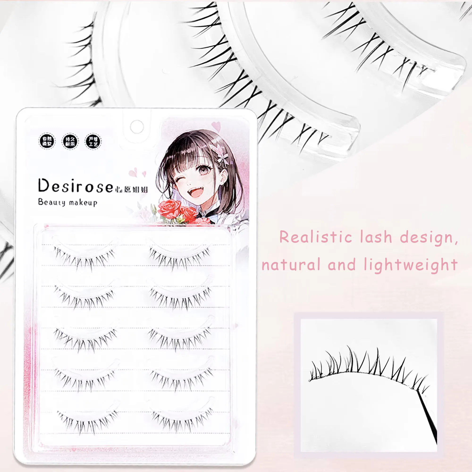 5 Paar Manga-Wimpern, natürliche untere Wimpern, handgefertigte falsche Wimpern mit transparentem Band, geeignet für das tägliche Make-up – Detail 4