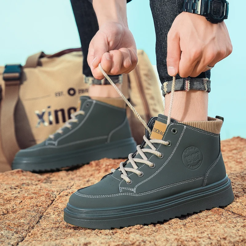 

Men's Plus-size Spring and Autumn Bestsellers Round-toed Mid-top Solid Color Retro Style Versatile Fashionable New Work Boots