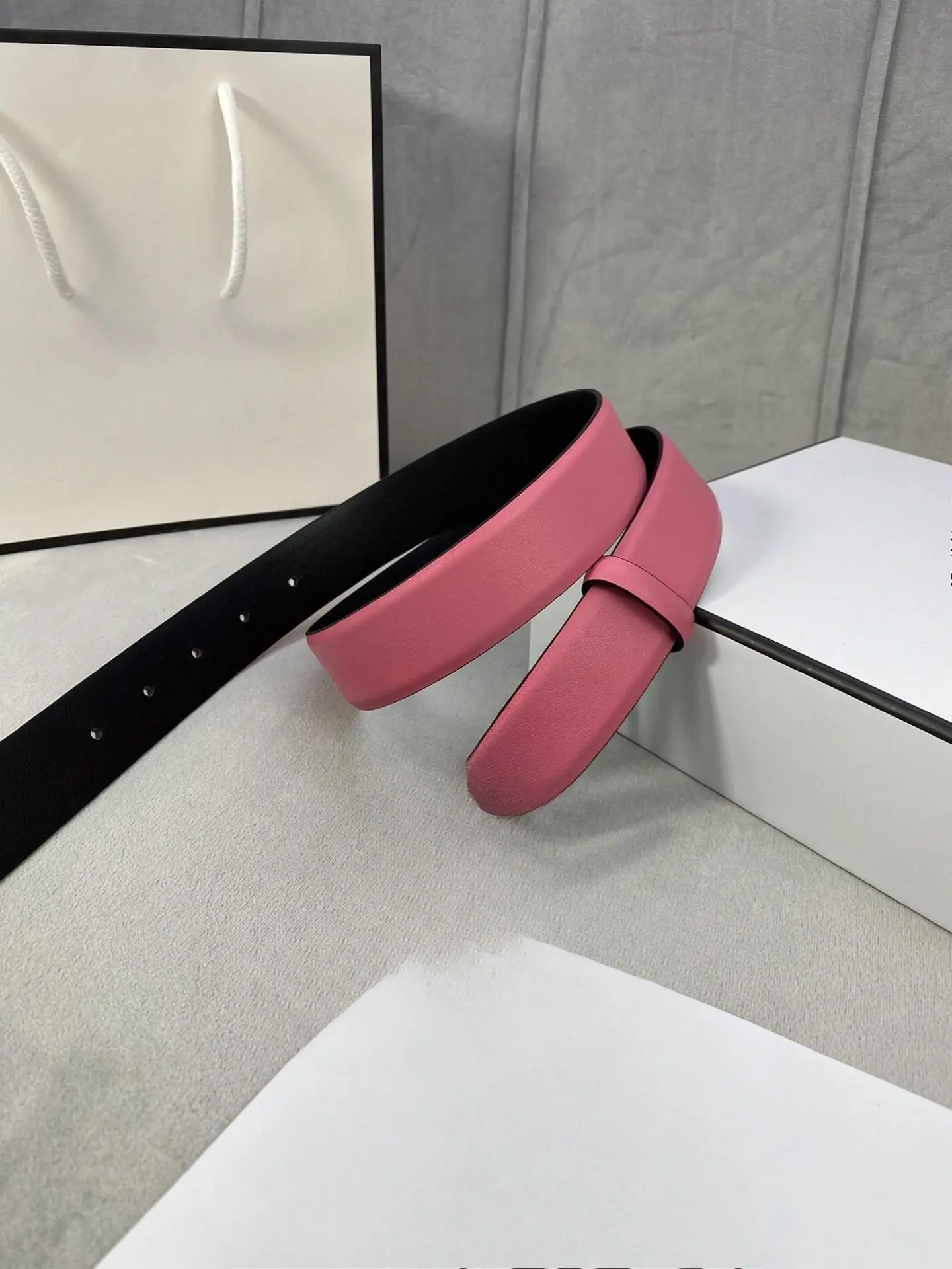 Unisex Double Faced Pink Outer / Black Inner Smooth Cowhide Belt Strap No Buckle Genuine Leather Waistband Replacement Accessory