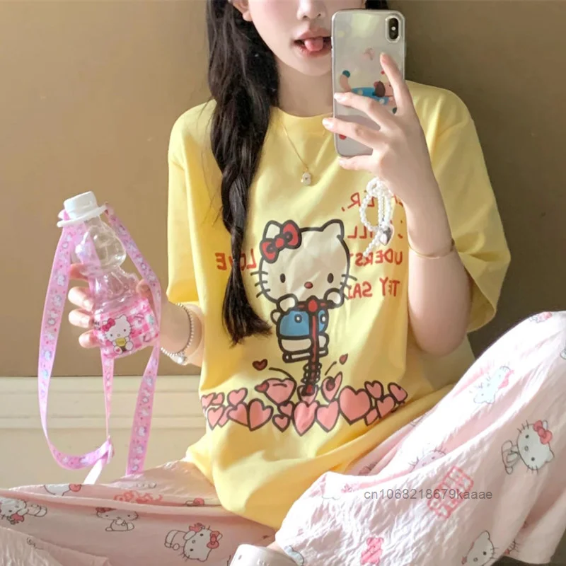 Sanrio Hello Kitty Pure Cotton T-shirt Sweet Lovely Y2k Girl Cute Cat Printed T-shirt Female\'s Summer Loose Casual Versatile Top