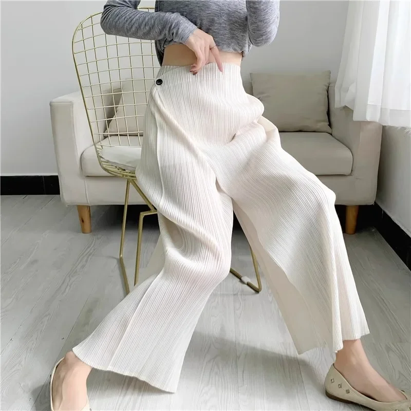 Miyake Style Women Pleated Solid Color Ankle-length Pants Elastic Waist Wide Leg Straight Female Trsouser Loose 2025 Summer