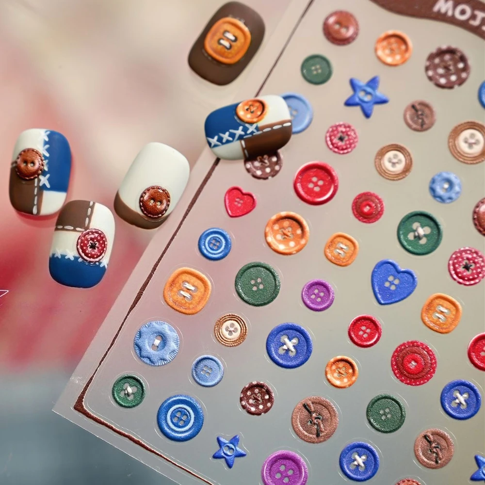 

Retro Colored Star-Shaped Heart Polka Dot Buttons 5D Embossed Reliefs Self Adhesive Nail Art Stickers Lovely Manicure Decals