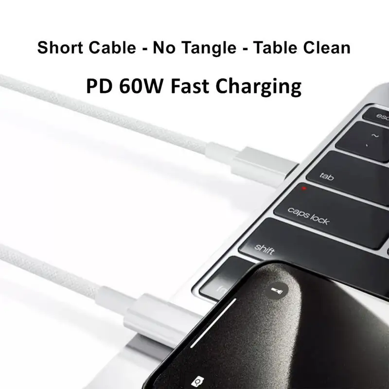 30CM 60W Type-C to USB C PD fast charging cable Nylon Braided  Portable 480Mbps Speed Twine-free Cord For Tablets