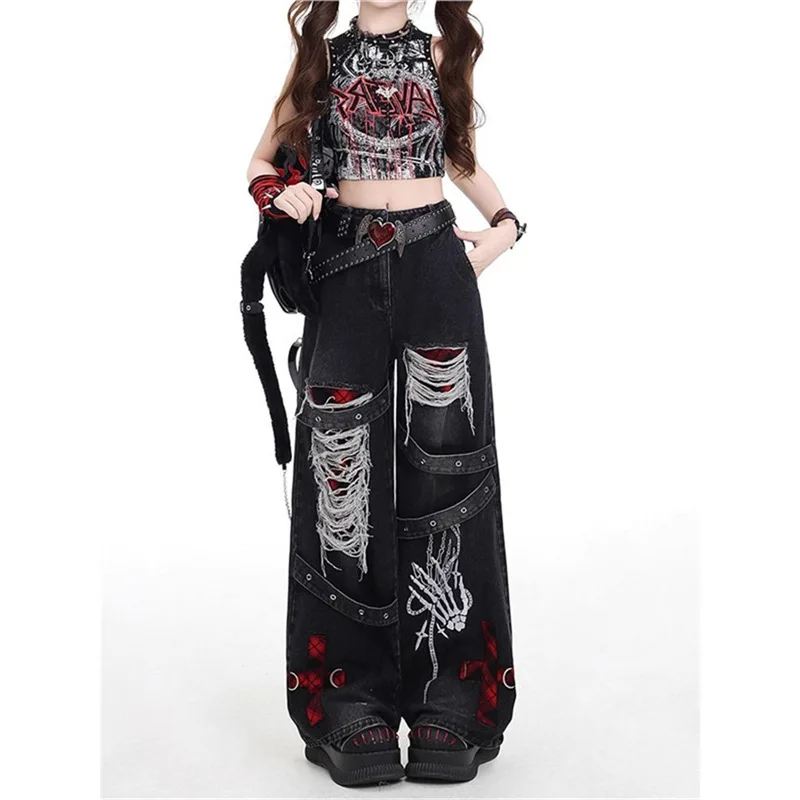 미국 Y2K 고딕 힙합 홀 빈티지 청바지 여성 하이 스트리트 트렌드 배기 워싱 오버롤 벨트 스플라이싱 와이드 레그 팬츠