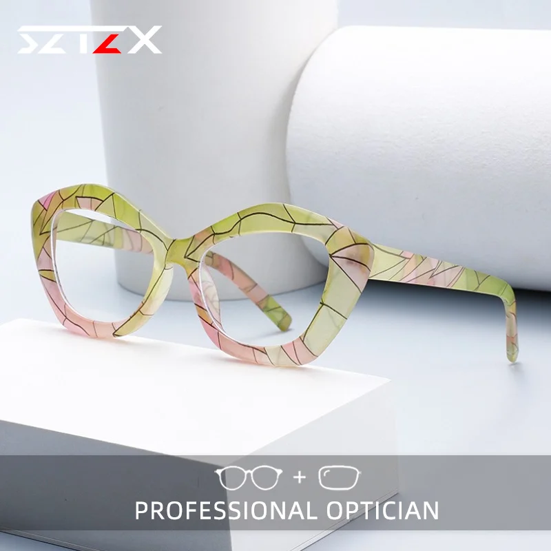

SZTZX New Fashion Colorful Blue Light Blocking Women Myopia Glasses Geometric Progressive Prescription Optical Reading Glasses