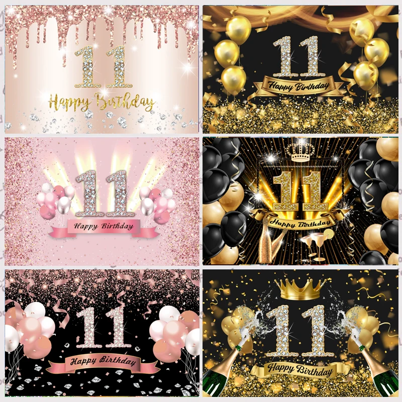 

Pink 11th Birthday Backdrop Rose Gold Girls 11Years Old Birthday Party Custom Photography Background Photo Studio Props Banner