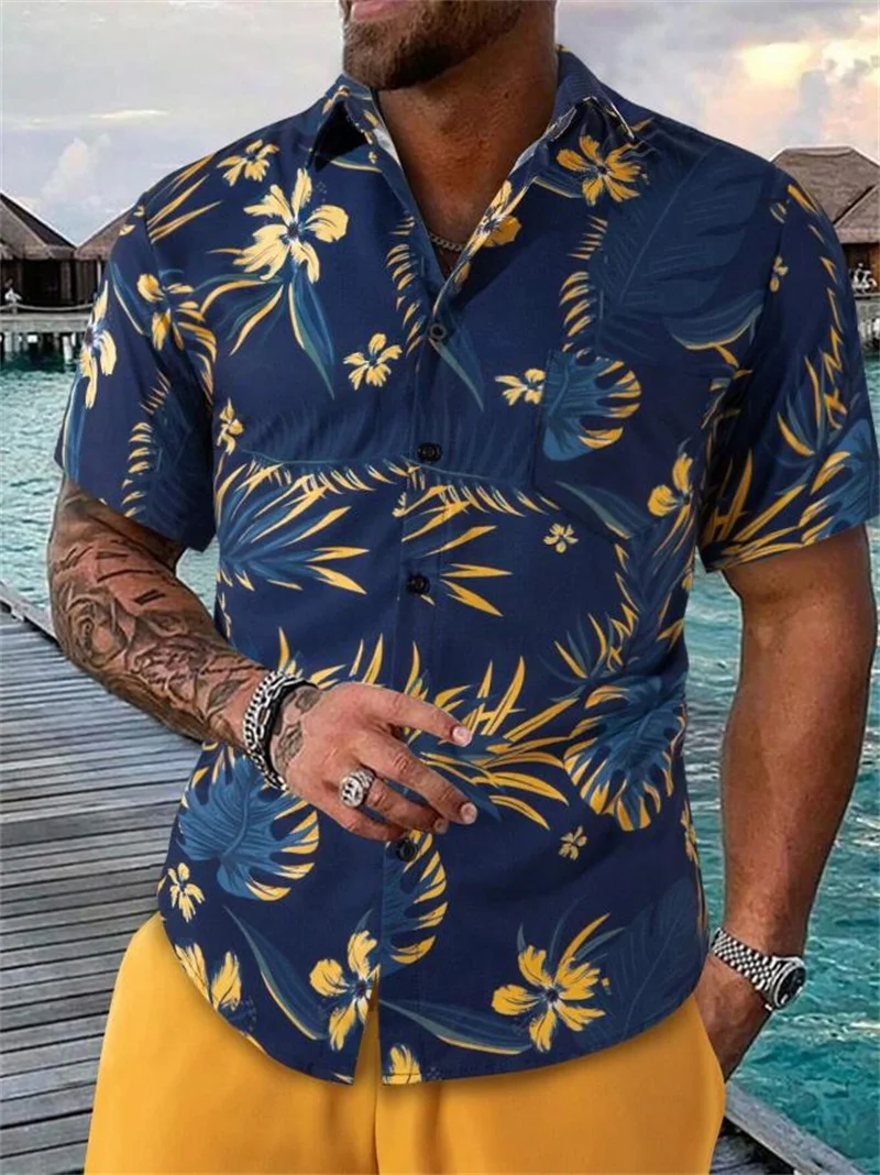 

Men's stylish Hawaiian lapel pattern shirt with trendy palm tree print, suitable for spring and summer vacation beach and casual