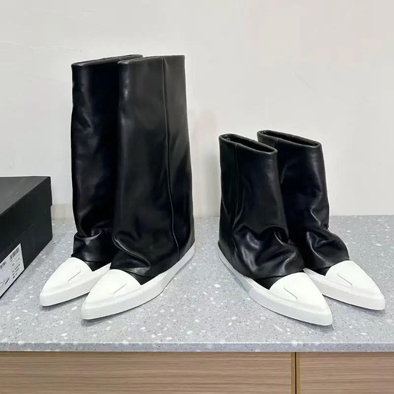 

Designer Brand Fashion Pointed Head Wide Leather Boots Retro Flat Mid-tube Retro Fashion Boots for Women Zapatos De Mujer