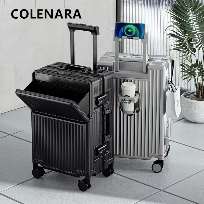 COLENARA Rolling Suitcase Men's Business Aluminum Frame Boarding Case Front Opening Laptop Trolley Case 20