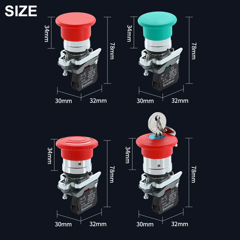 XB4 22mm Mushroom Emergency Stop Button Switch 10A Key Emergency Stop Power Push Button Switch 1NC 1NO Start Switch Red Green