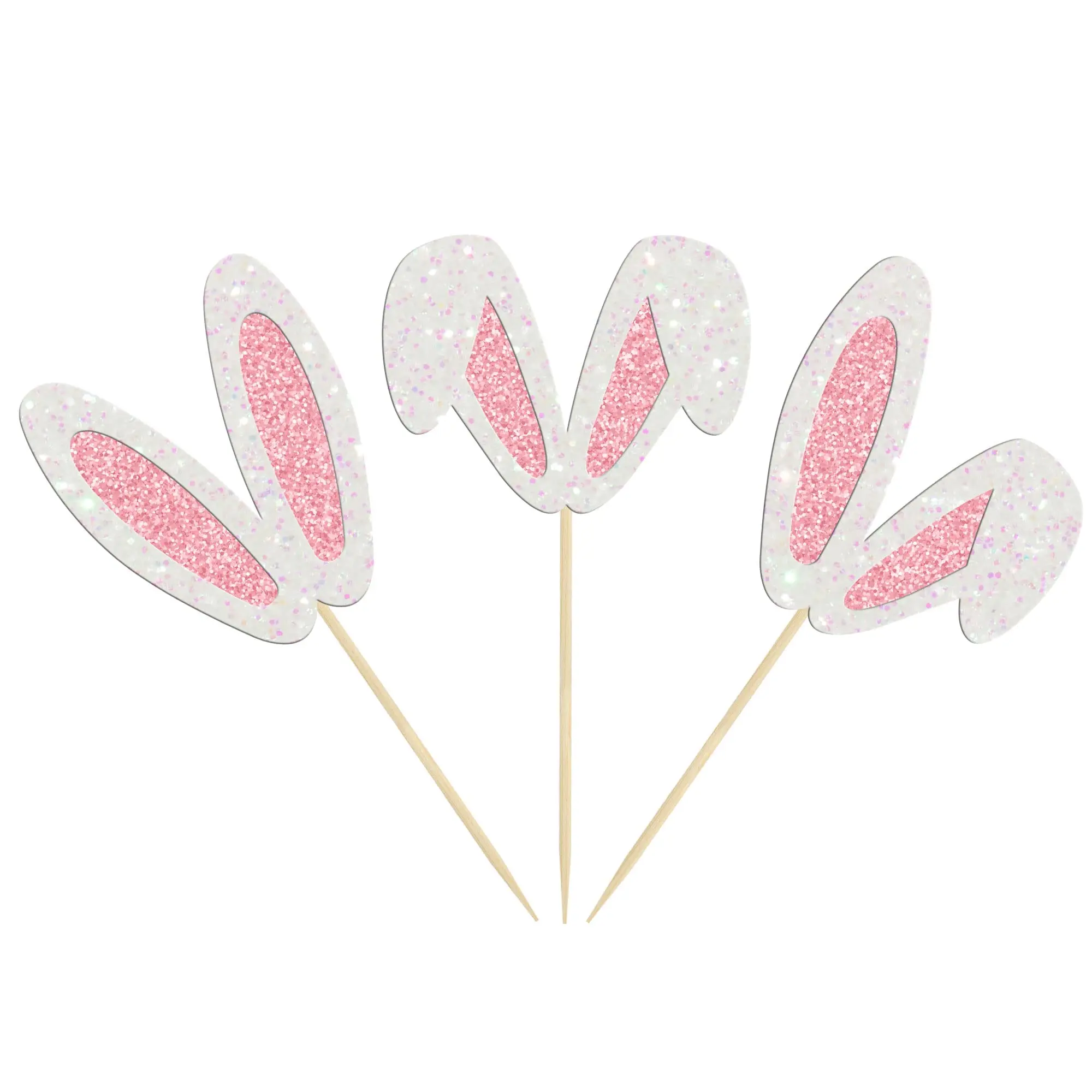 12/24pcs Easter Bunny Ear Cupcake Toppers Glitter Rabbit Ears Cupcake Picks Easter Day Cake Toppers for Easter Theme Party Decor