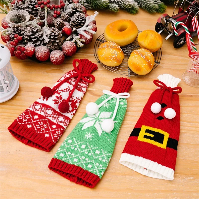 Christmas Wine Bottle Cover Table Dress Knitted Snowflake Elk Belt Pattern Wine Bag Kitchen Tableware Xmas Ornament Party Gift