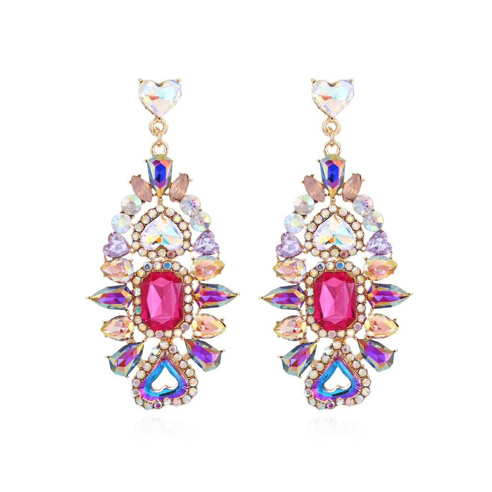 Fashion light luxury super flash color rhinestone earrings exaggerated high sense long alloy diamond flower earrings