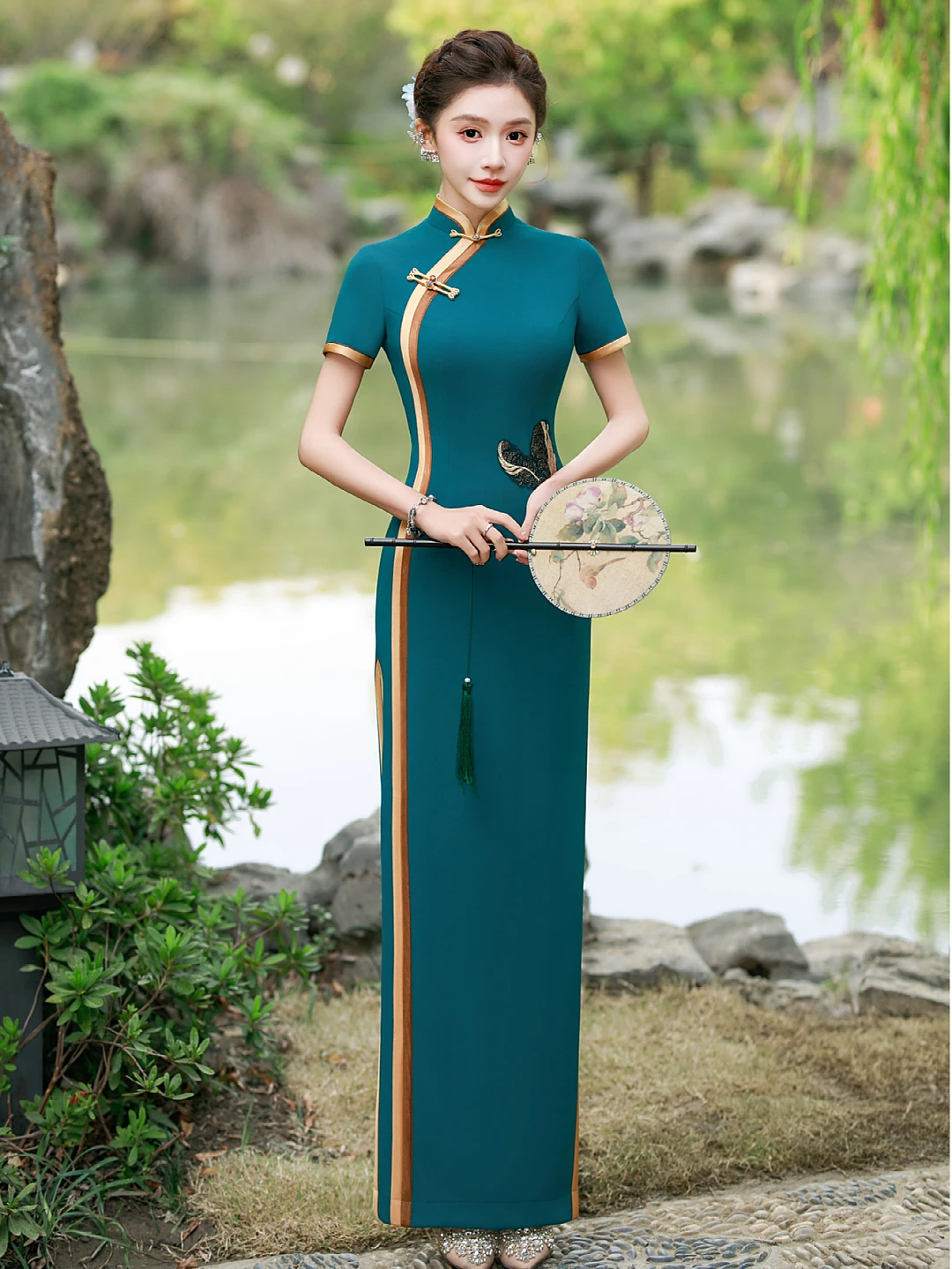 

Элегантное молодежное длинное ципао с высокой талией, скрывающее живот, для сценических выступлений, в стиле высокой моды, традиционное китайское платье