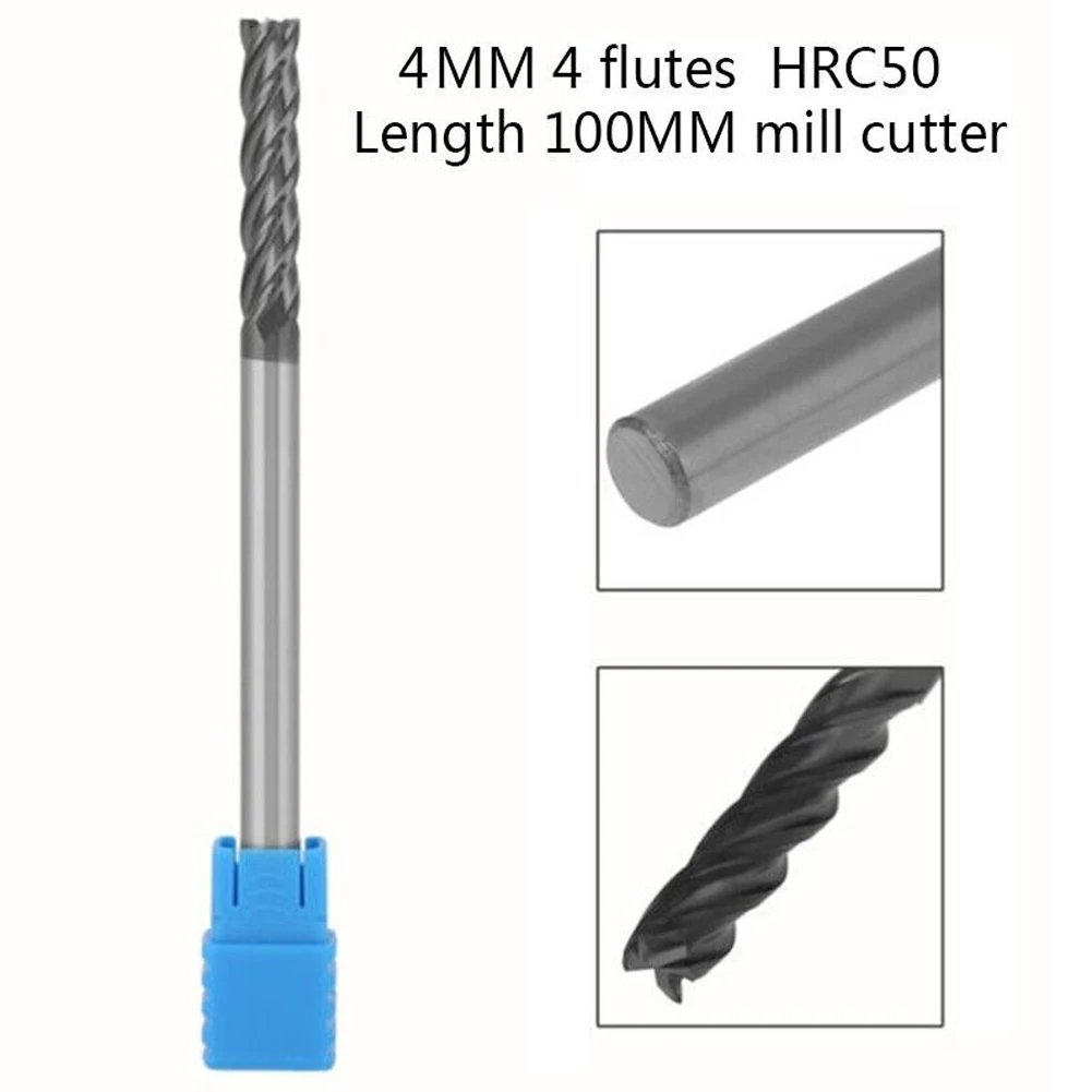 Fraise en bout en carbure à tige longue droite, longueur supplémentaire de 100mm, fraise CNC de 4mm avec 4 cannelures, outil de coupe efficace