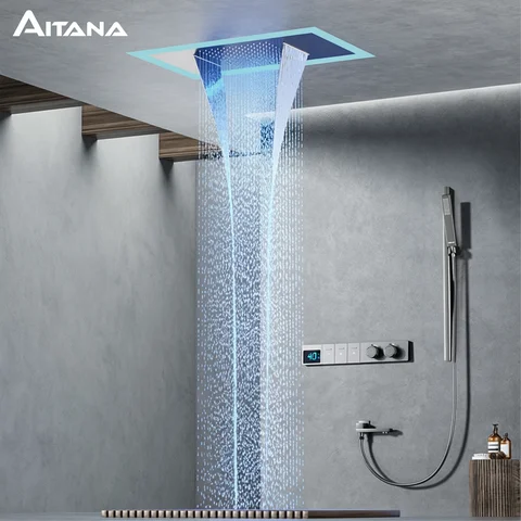Luxury Brass Gun Gray Ceiling Constant Temperature Shower System LED Digital Display Hot and Cold Water Embedded Bathroom Faucet