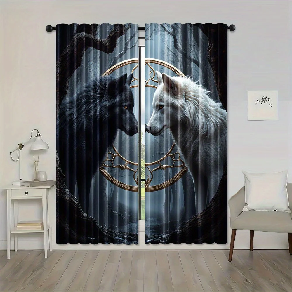 Yin Yang Black White Wolf Curtain 2 Panels, Twin Wolves Golden Circle Misty Forest Background Print, Drapes for Bedroom Curtain