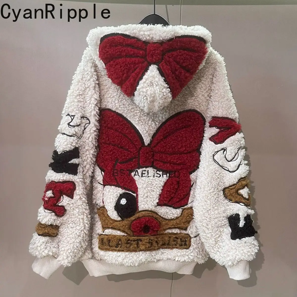 

Женская куртка большого размера из овечьей шерсти, новая осенне-зимняя, с мультяшной вышивкой, на молнии, с капюшоном, повседневная, для студентов, толстовка-кардиган