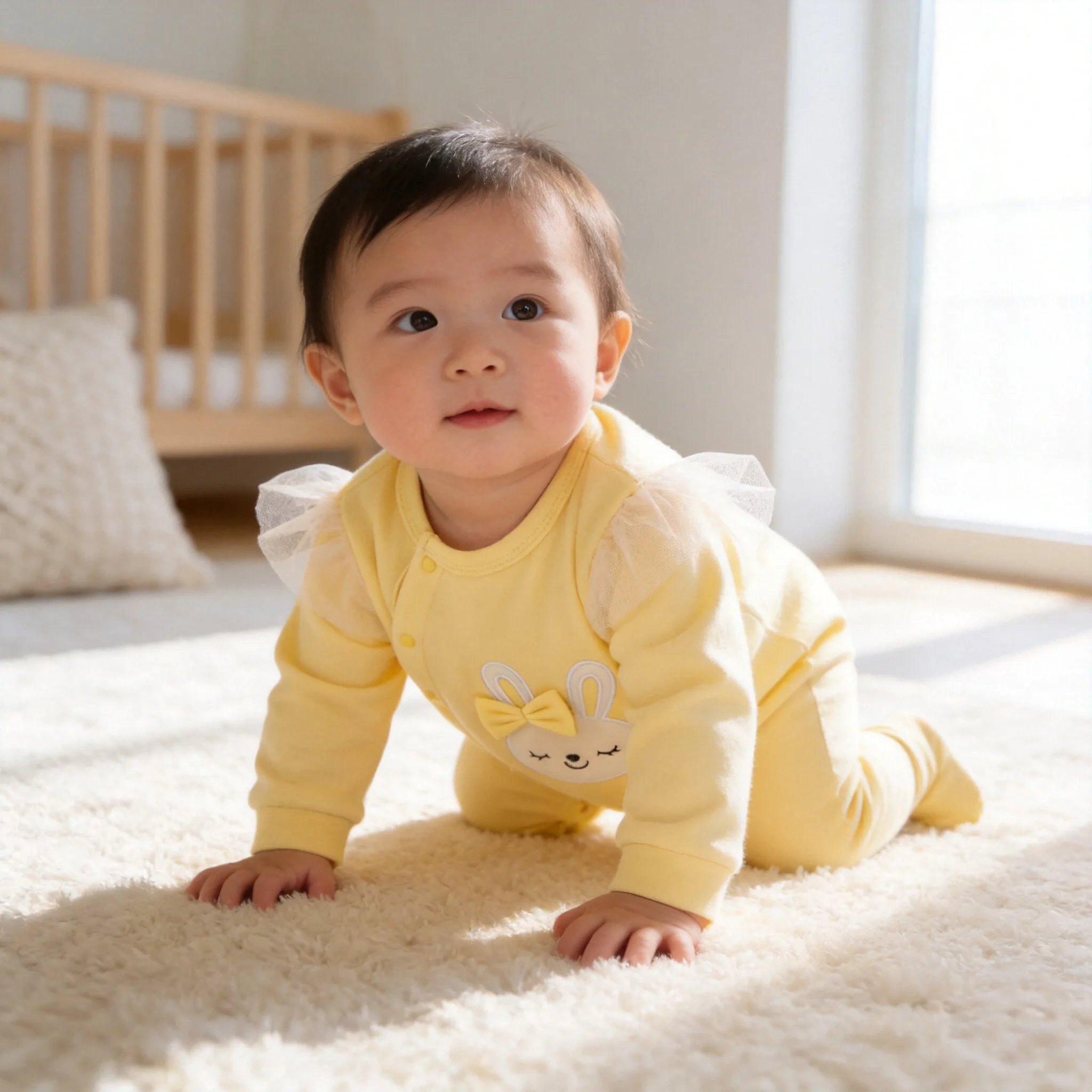 Jumpsuit Bayi Perempuan Baru Lahir Musim Semi & Gugur dengan Lengan Panjang Katun Murni Lucu Kuning Bordir Kelinci Kartun