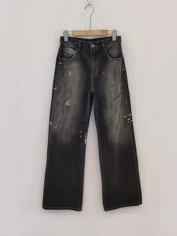 Nordic Graffiti Wide Leg Jeans Women's Straight Cut Trousers Summer New Style Vintage Worn Look Color Block Denim Pants