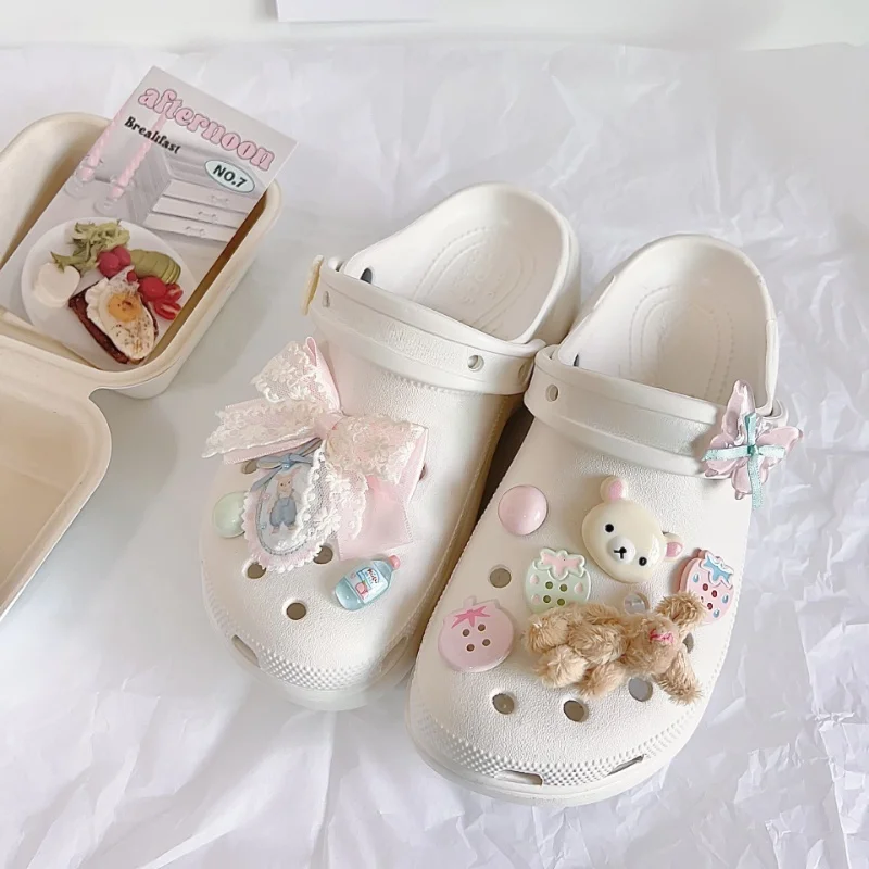 New Cute Pink Bowknot Pink Bear Shoe JIBBITZ Charms Removable Accessories Suitable for Sandals Garden Shoes Xmas Gifts