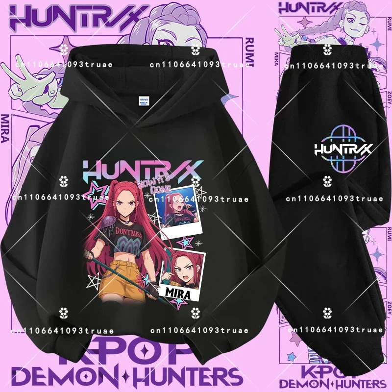 2026 KPop شيطان الصيادين الاطفال هوديي مجموعة الفتيان في سن المراهقة الفتيات هودي بلوزات مع السراويل رياضية ملابس الخريف للأطفال 2 قطعة