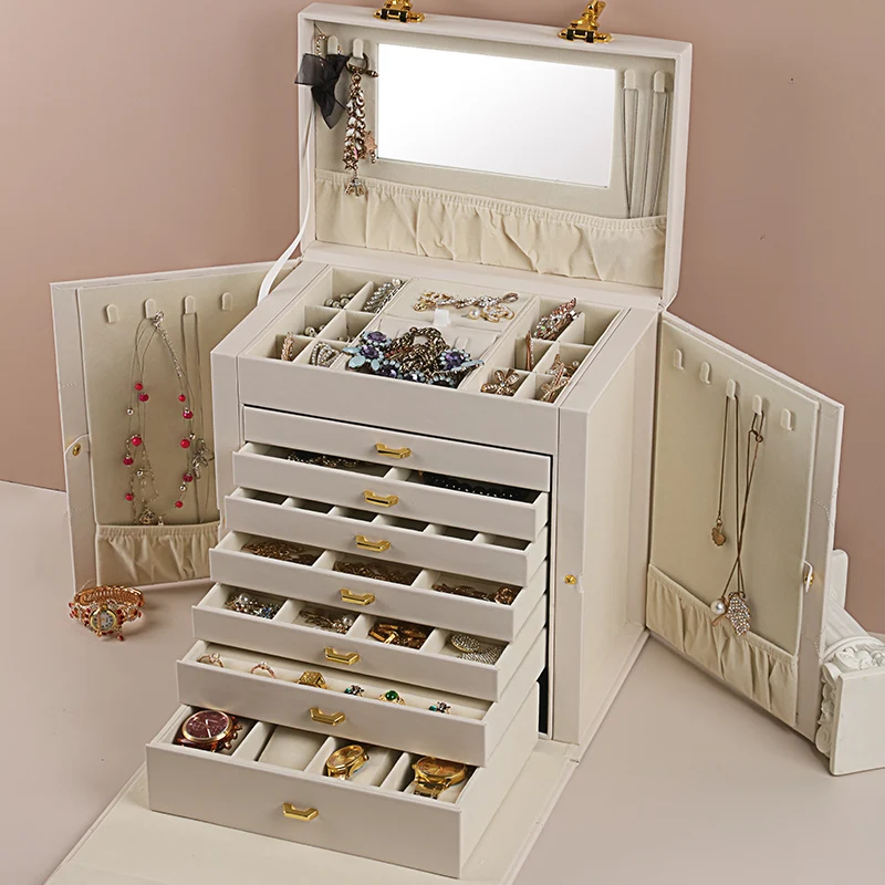 Large Capacity PU Jewelry Organizer Box Mirrored with Security Code Lock Jewelry Storage Display Collection for Birthday