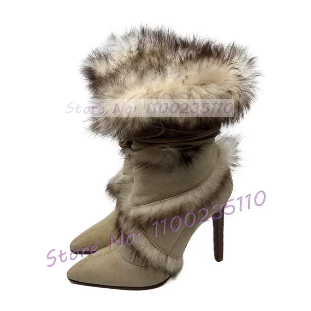 Beige Fur Trim High Heels Suede Ankle Boots Women Pointed Toe Stylish Winter Snow 2024 Boots Elegant Side Zipper Fluffy Shoes