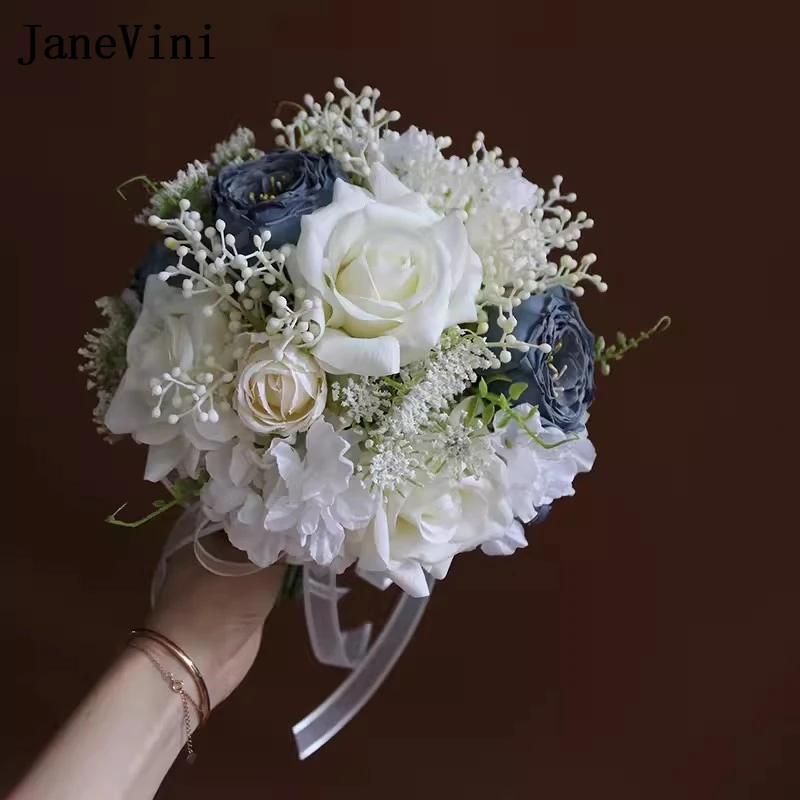 JaneVini White And Dusty Blue Wedding Bouquet Flowers for Bride Artificial Silk Rose Bridal Hand Flower Marriage Accessories