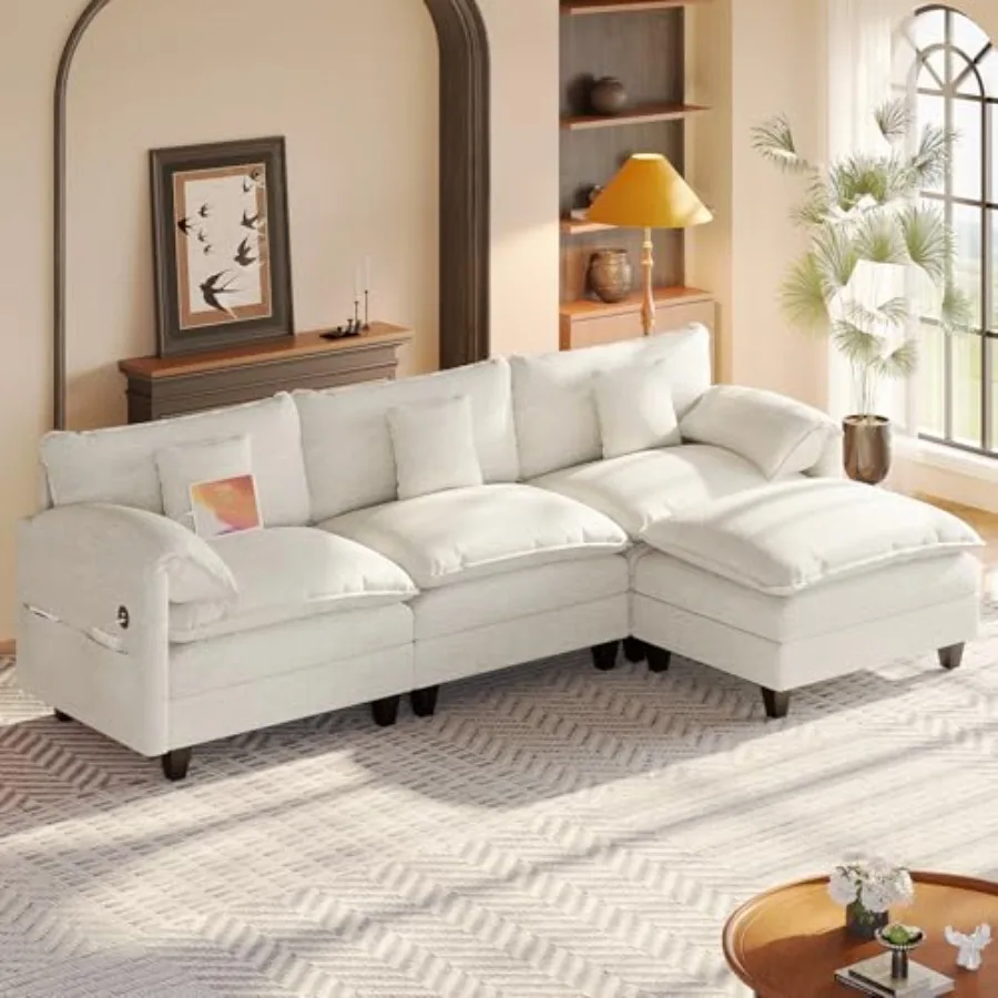 

Modulr Sectionl Sof, 108" Comfy Cloud Couch with Movble Ottomn Chrging Sttion Side Pocket Throw Pillow, Modern L-Shped Couches