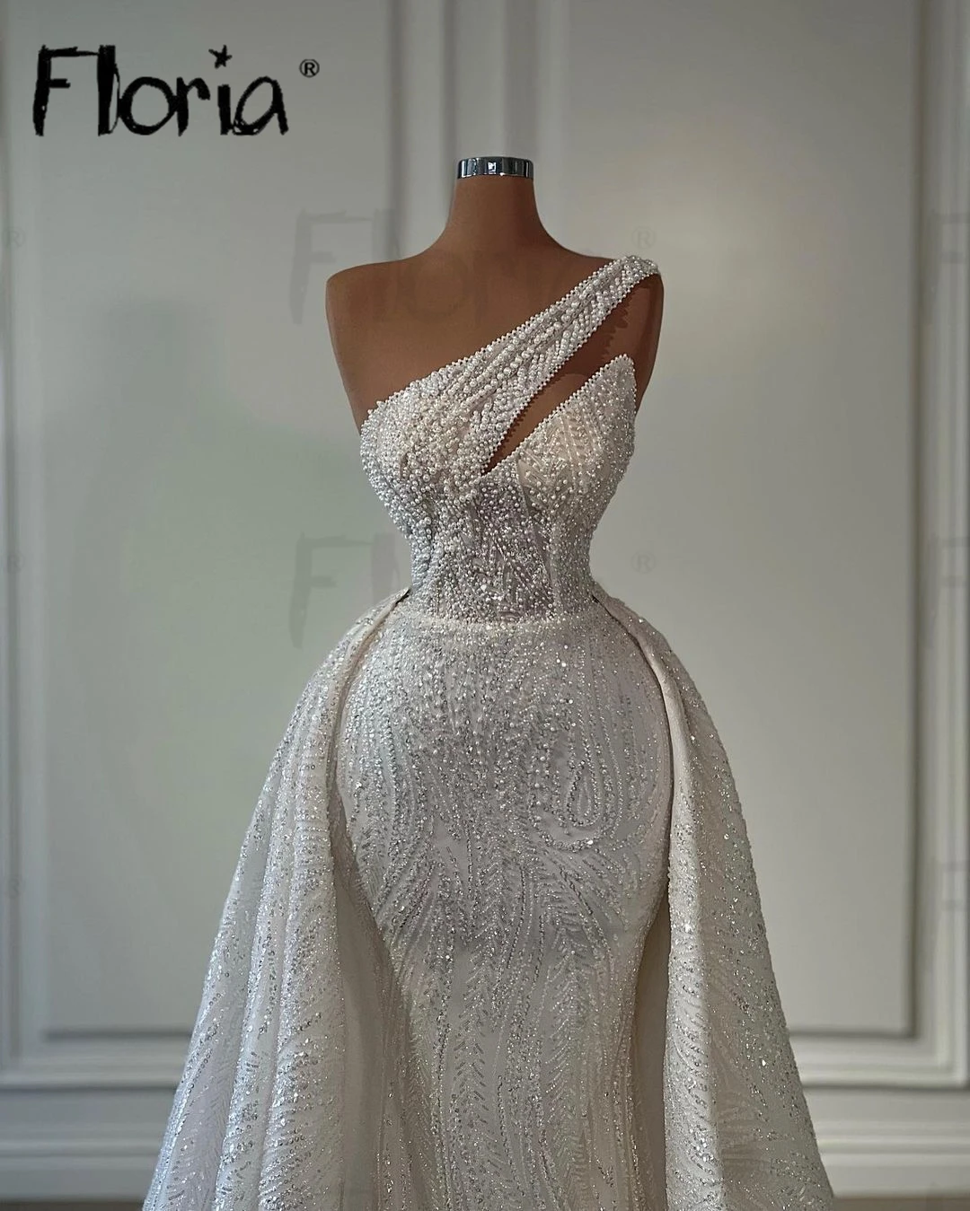 Floria Ivory Long Evening Dress With Detachable Train Women Wedding Event Party Gowns Arabic One Shoulder Robe de Mariée Custom