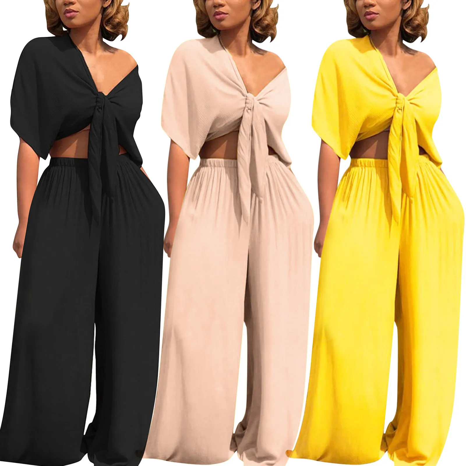 

2 Piece Outfits for Women Sexy Crop Top Wide Leg Pants Sets Beach Vacation Tracksuit Casual Loose Sweatsuits