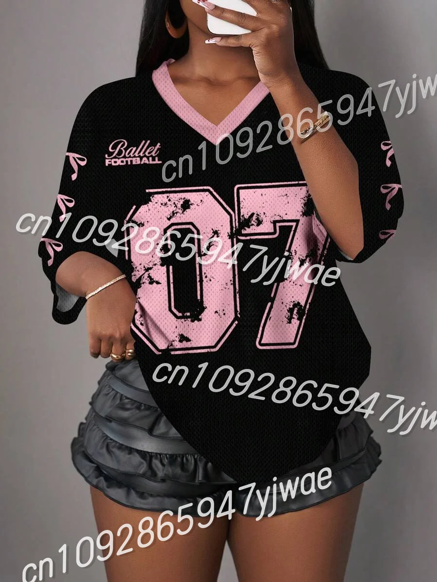 Damen-T-Shirt mit Buchstaben-Aufdruck, V-Ausschnitt, kurzen Ärmeln, Loch-Mesh-T-Shirt, Sommer-Grafik-T-Shirt, Baseball-Trikots, Übergröße, Herren-Sport-T-Shirt