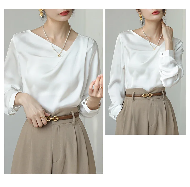 Satin Women\'s Shirts New Silk Solid Casual Blouses Loose Spring/Summer Ladies Clothing FASHION Long Sleeves White Tops