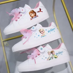 Disney-zapatos informales de lona para niñas, zapatillas de princesa Frozen, Sophia, Elsa, color blanco y rosa, talla 23-36