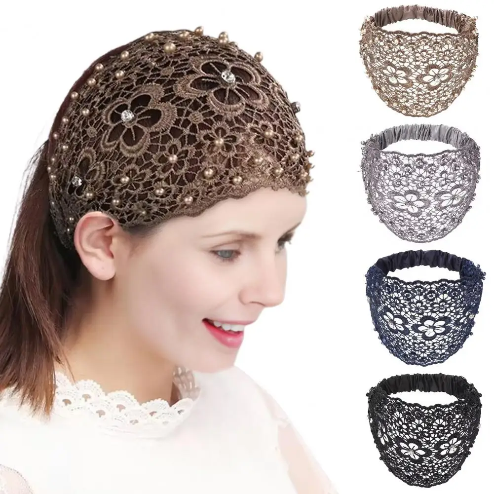 Faixa de cabeça de tecido elegante strass pérola bandana para mulheres oco flor padrão faixa de cabelo com alta elasticidade cabelo largo