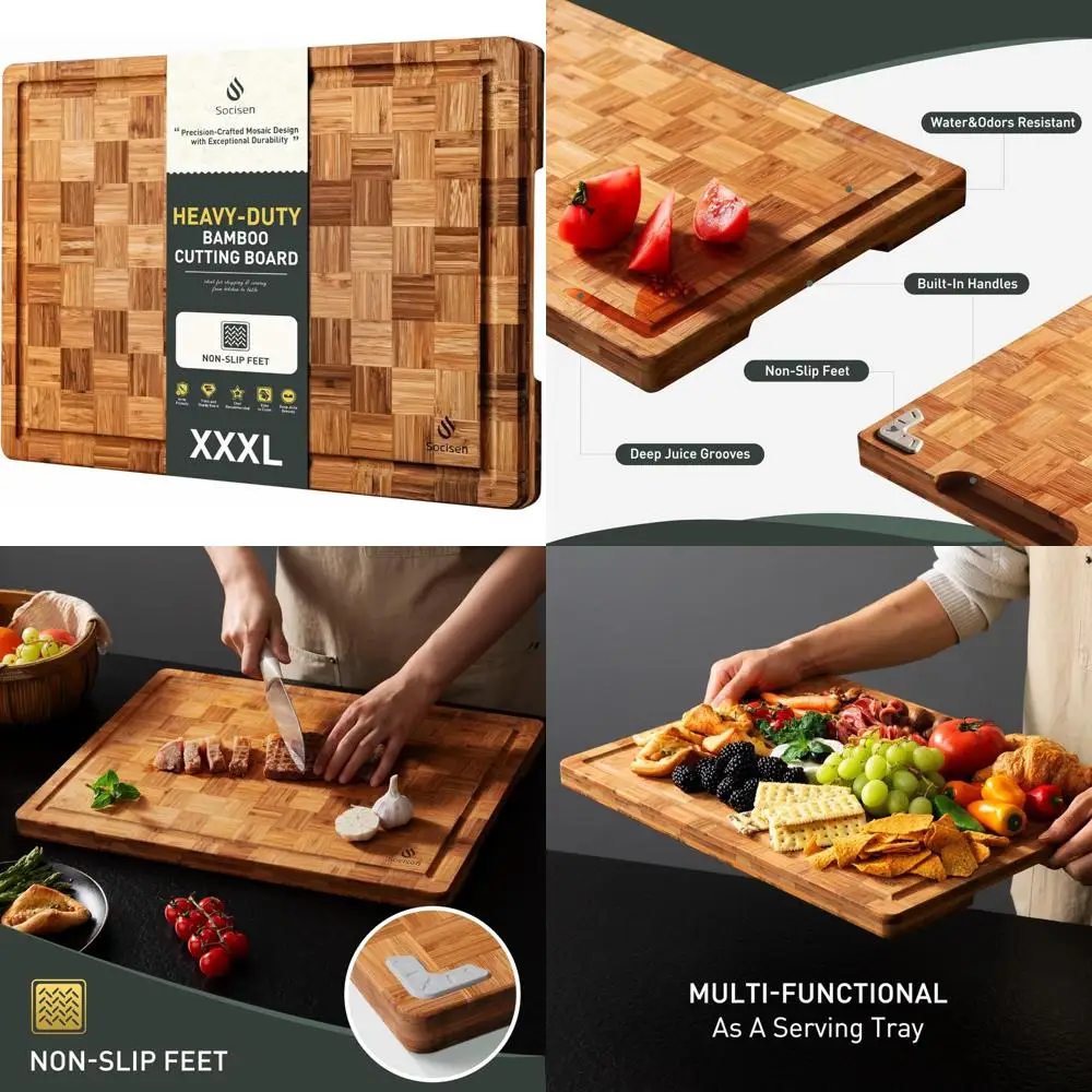 

Очень большая бамбуковая разделочная доска с нескользящими ножками и раковиной Разделочная доска для мясного блока Хорошая твердая толстая деревянная доска для сока Gro