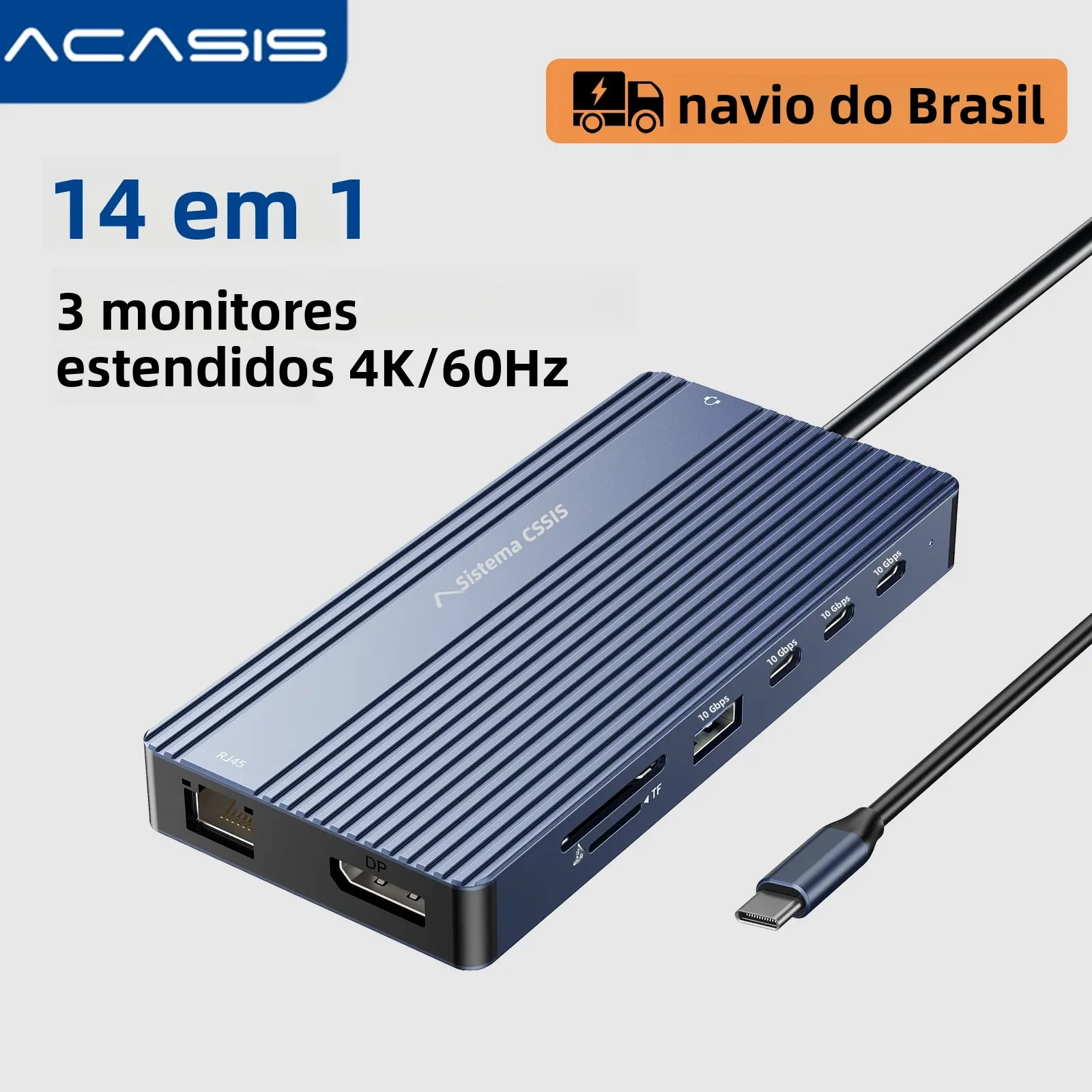 Acasis 14 em 1 Estação de acoplamento USB-C 3 exibe estendido 2 HDMI + 1 DP / USB-C / VGA 4K / 60HZ TF / SD 3.0 RJ45 1000Mbps para PC portátil Tipo-C Hub