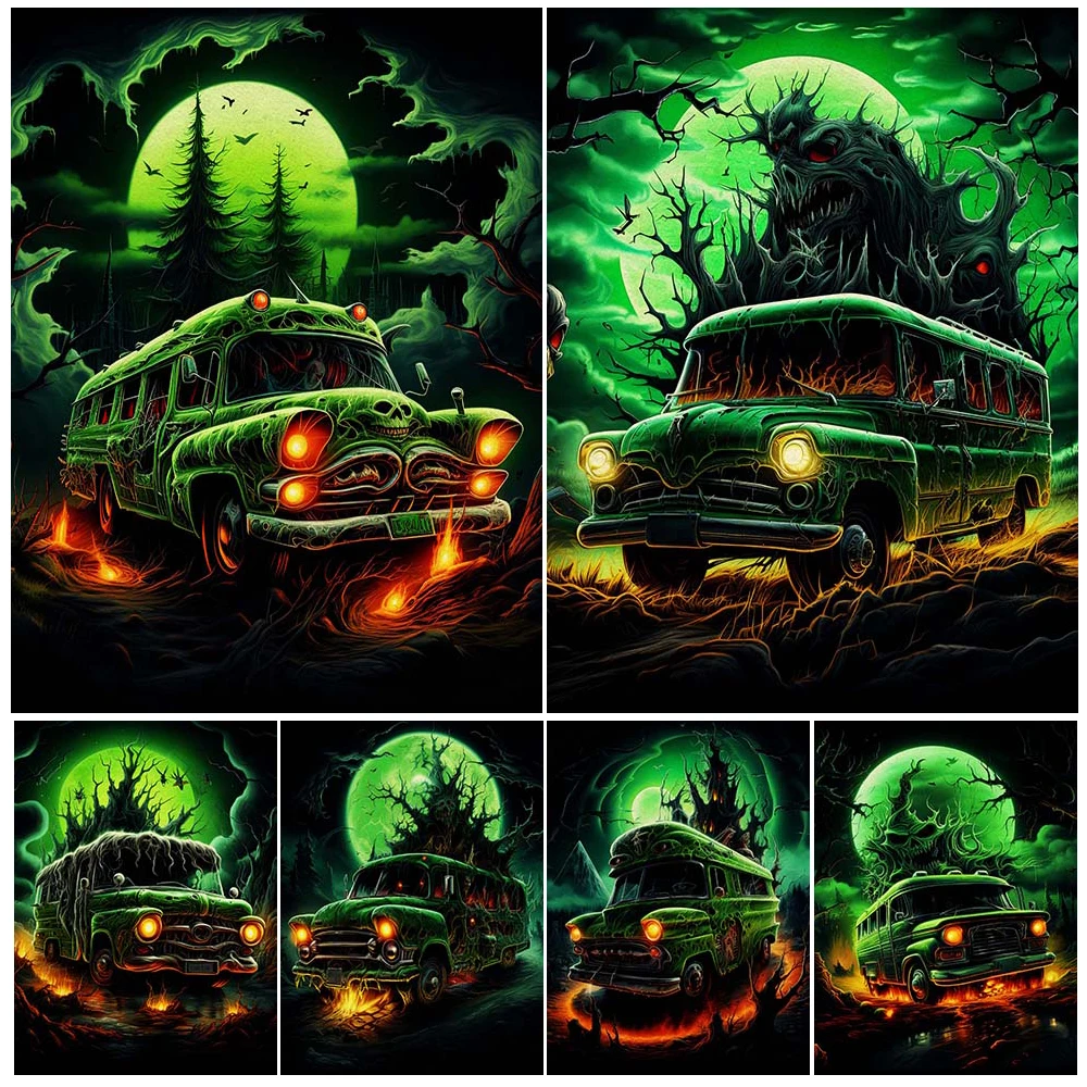 Ghost Bus Dispatched Under Full Moon Weather Art Poster And Print Ghost Bus To Hell Abstract Wall Art Canvas Painting Home Decor