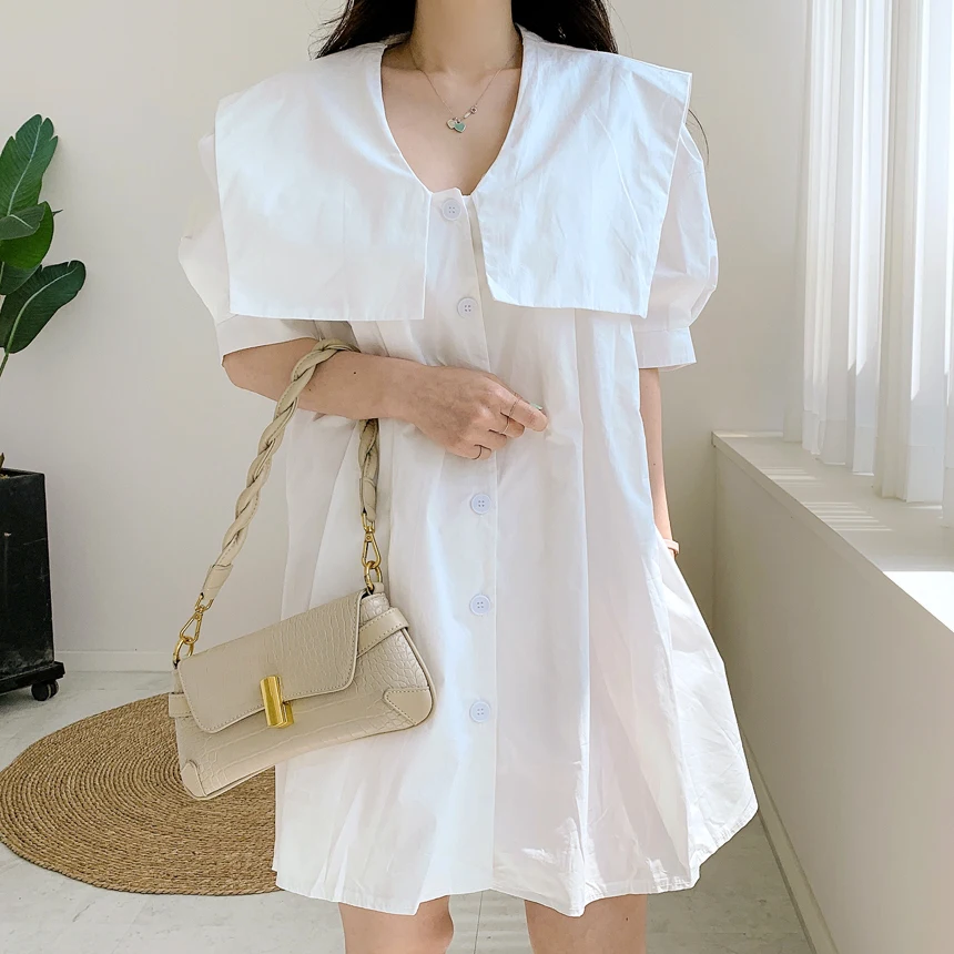 REALEFT 2023 Neue Sommer Vintage frauen Hemd Kleider Kurze Puff Sleeve V-ausschnitt Einreiher Casual Lose A-line Kleid Weibliche