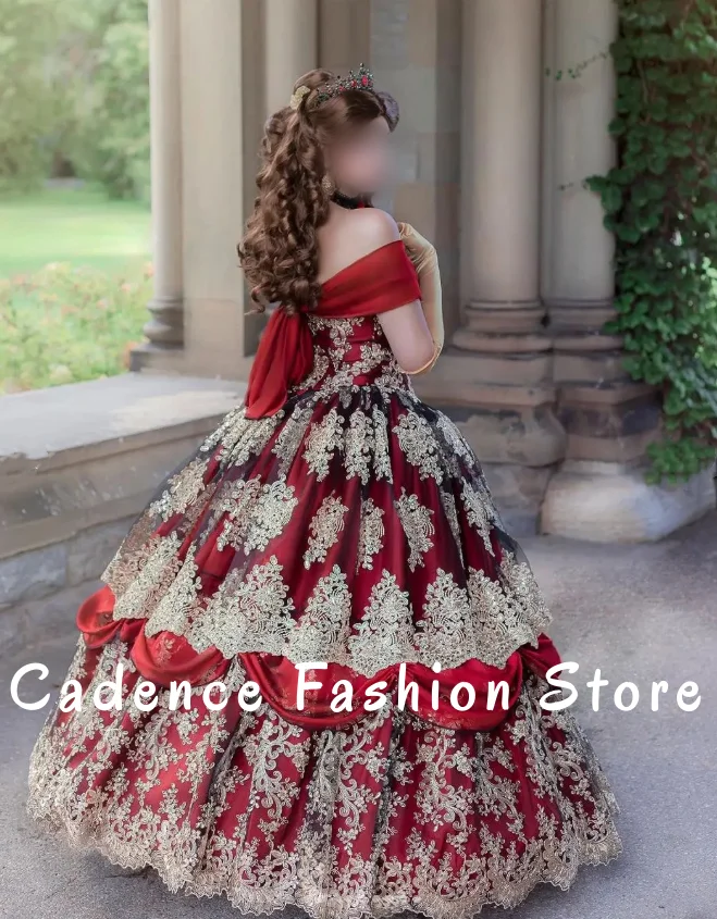 Red Snap Shoulder Victorian Evening Gown Gorgeous Gold Lace Trimmed A-line Pleated Floor Length Ball Gown Customized