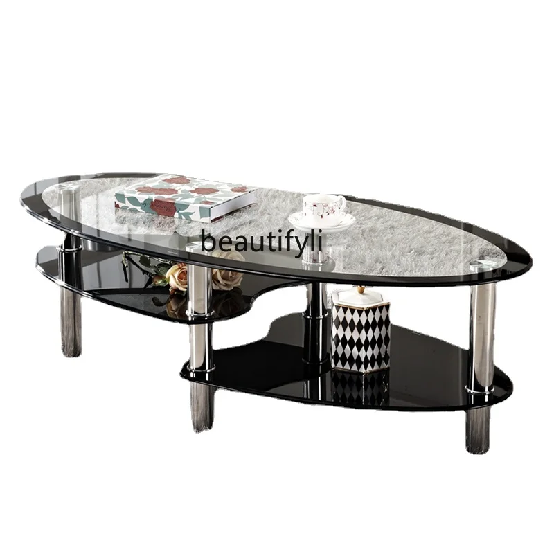 

Oval Coffee Table Tempered Glass Creative Stainless Steel Tea Table Living Room Office Simple Table