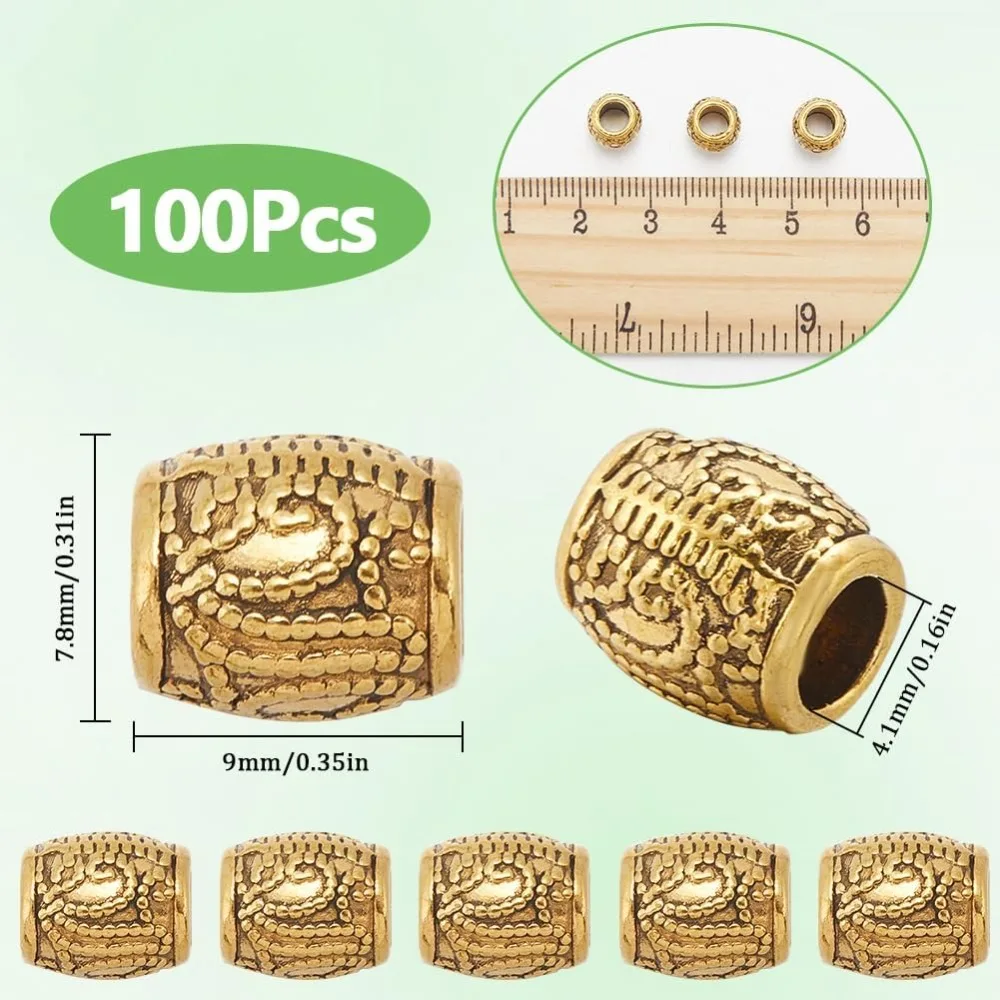 1 Box 100 Stück Säulen-Abstandsperlen mit großem Loch, goldfarbene europäische Perlen, Metalllegierung, antikes goldenes Rohr, Rondelle-Herstellungsset