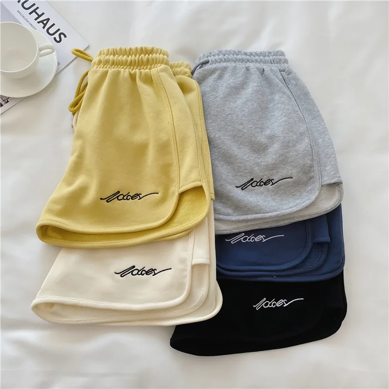 New Women Summer Short Pants Embroidery Letters Drawstrings Elastic Waistband High Waist Shorts Ladies Short Tight Trousers