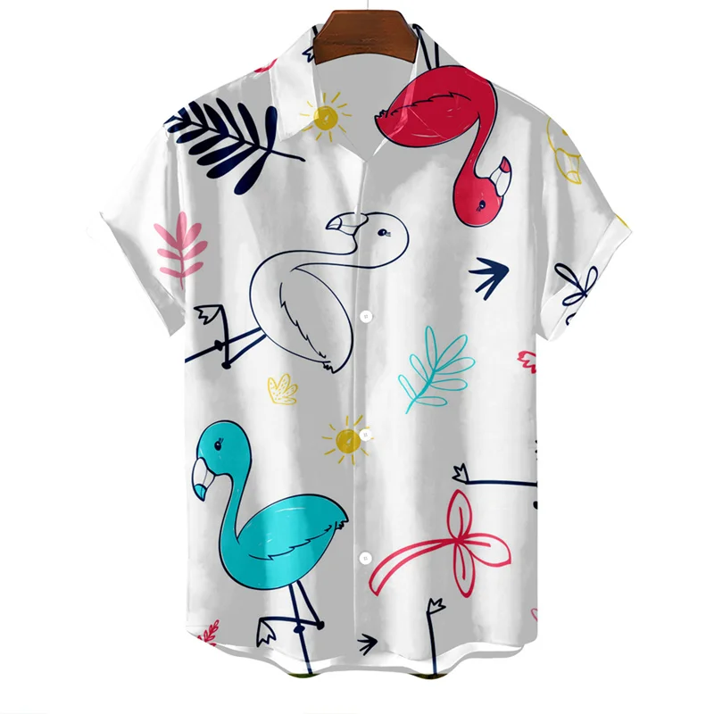 Hawaiian Oversized Men's Shirt Cartoon Cat Bird Pattern Floral Print Social Men Graffiti Clothing Vintage Harajuku New Summer