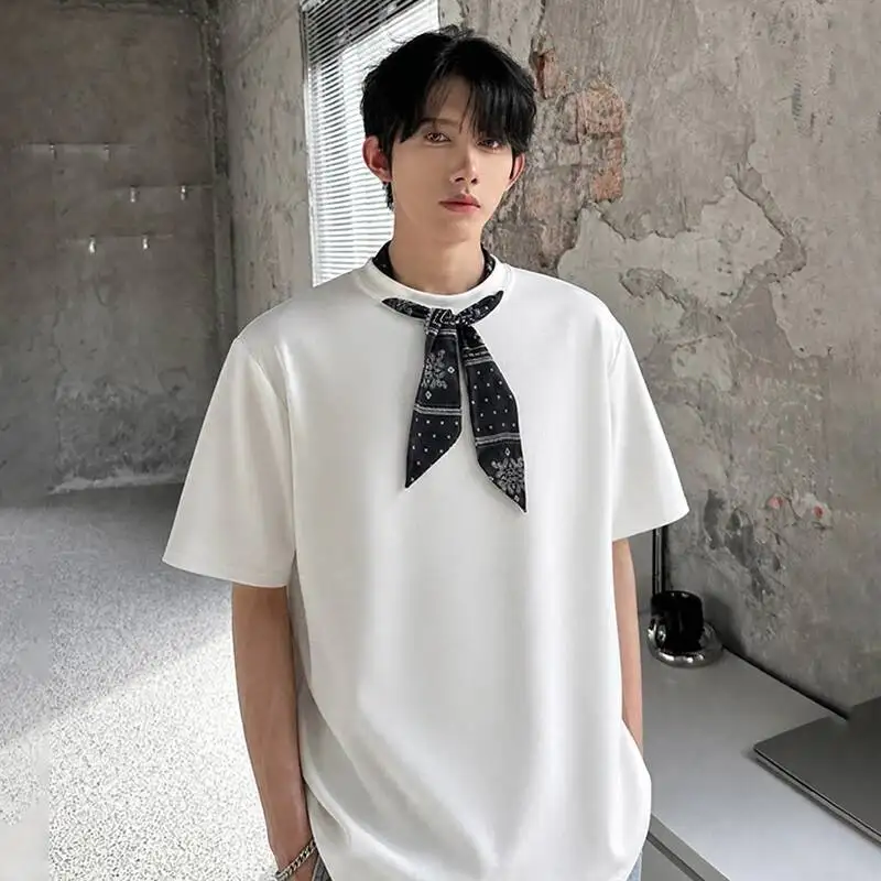 LUZHEN 2026 Summer Ribbon Necktie Decorate Round Neck Short Sleeve T-shirts Men's Trendy Handsome Pure Cotton Casual Tops JY7413