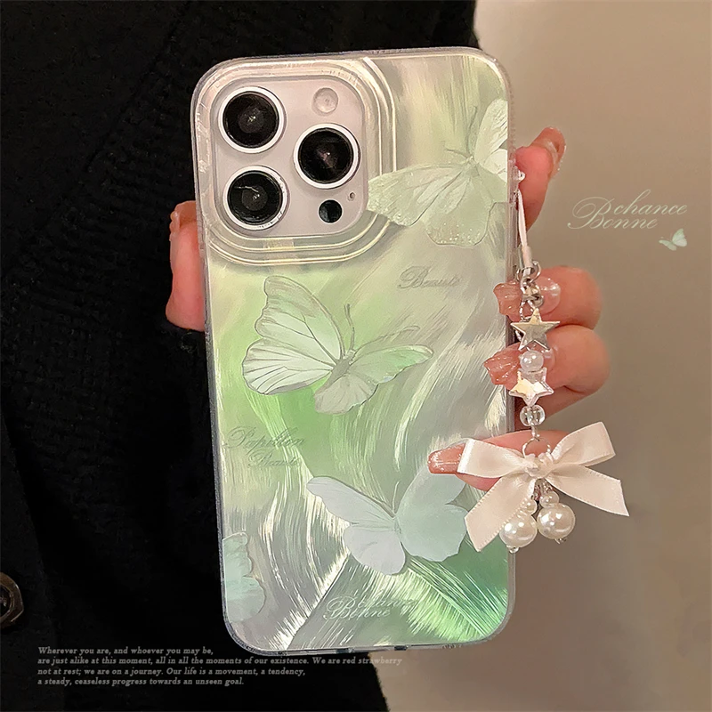 Capa de telefone de halo verde pena gaze tingida borboleta capa simplicidade capa traseira laser para iphone 15, 14, 13 Pro Max, arte